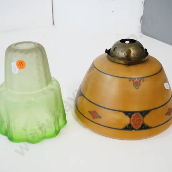 green etched glass light shade H-160 and a painted milk glass shade Diameter 220