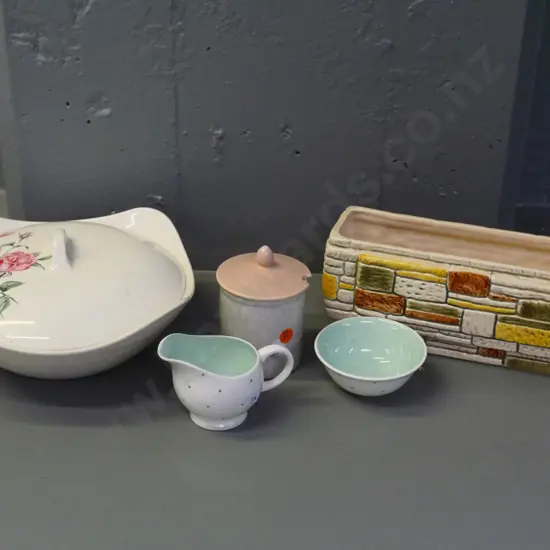 English porcelain items - Sylvac flower trough L-250, Susie Cooper cream & sugar, Poole jam pot, Midwinter lidded veg