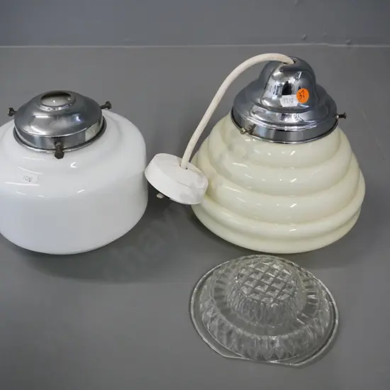 2 retro glass light shades with chrome journals - cream ridged design has moulded glass insert, H-200 D-200