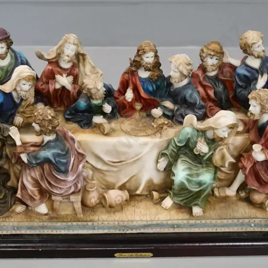 large composite figurine group - The Last Supper - chips to finish on wooden base.H-280 W-540 D-220