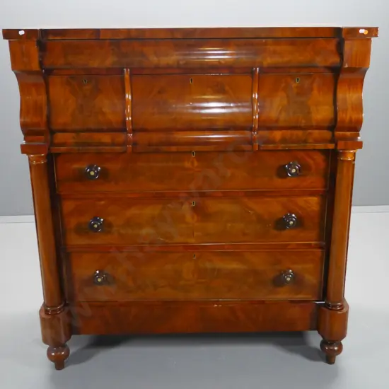 solid timber and rosewood veneer 7-drawer Scotch chest with key escutcheons, some missing veneer H1380 W1280 D600