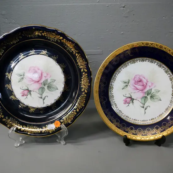 2 Limoges cobalt, gold and floral cabinet plates - larger is Diameter 250
