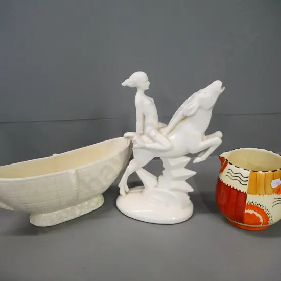 Crown Lynn trough vase No. 554, Crown Devon jug,  deco style figurine (mend to leg)H-220