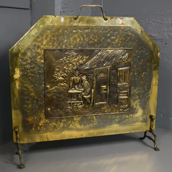 beaten brass fire guard with cast brass handles and feet - H-690 W-710