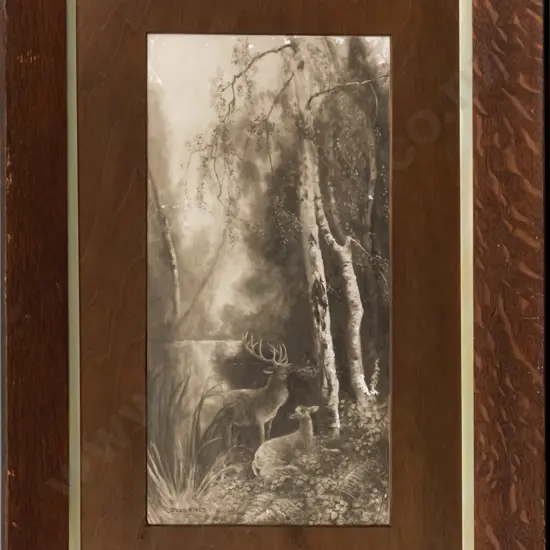 Fred Hines - framed watercolour -deer by stream (areas of paint loss) H-500 W-250