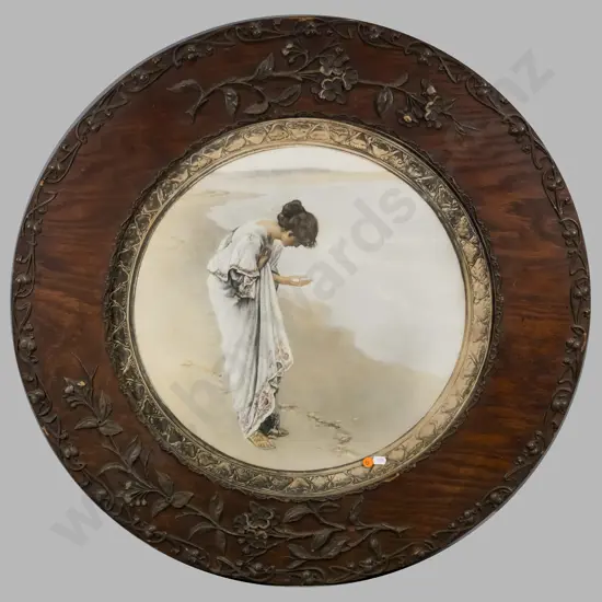 ornate circular framed print - woman on beach Overall Diam -750 (some areas of damage and borer on frame)