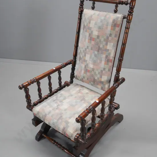 vintage mahogany spindle frame rocking chair, a bit of borer in base, geometric tapestry upholstery H1100 W550 D650