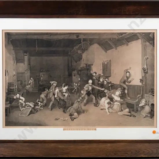 framed engraving - Blind-Man's Bluff (slight water damage to mat surround) H-400 W-600