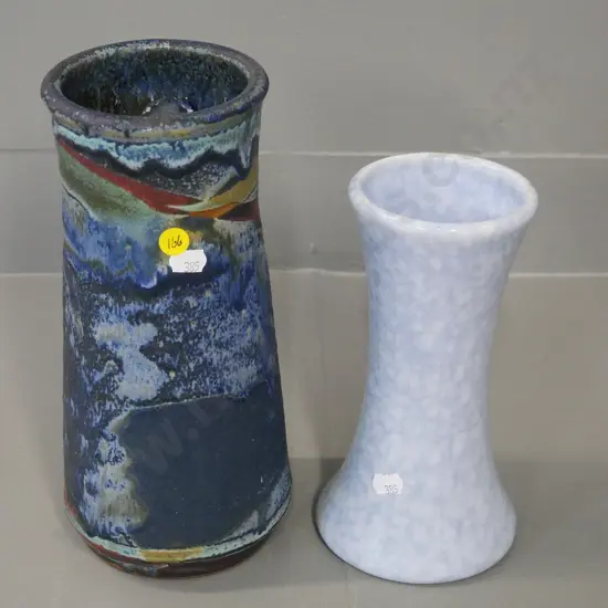 2 vases - hand-potted with unknown stamped mark H-260 and a mottled blue Temuka