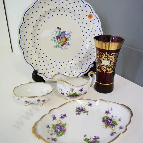 Copeland Spode's Polka Dot plate, 3 pieces Royal Standard violets pattern, and a red glass and gold vase H-160