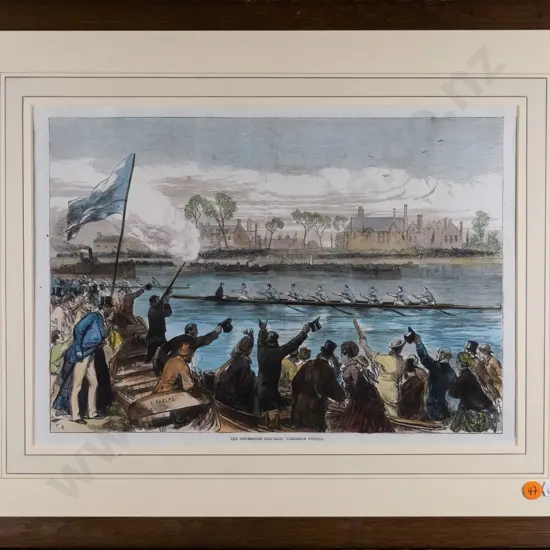 framed hand coloured engraving circa 1870 "The Universities Boat Race - Cambridge Winning" H-230 W-340 slight foxing