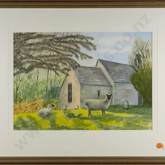 framed watercolour - sheep H-240 W-340