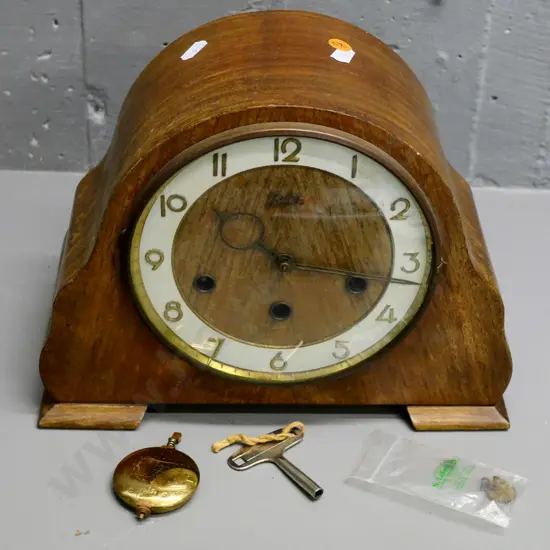 vintage Juba chiming mantel clock with key - one foot needs securing H-210 W-280