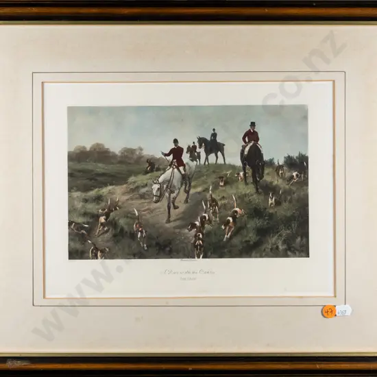 framed hunting themed print - "The Draw" H-160 W-250 (very slight foxing)