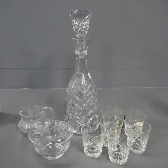 cut crystal items - stoppered decanter JH-360, 6 glasses and an etched Stuart cream & sugar