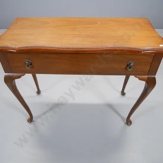 reproduction mahogany cab-leg hall table with single drawer & brass drop handle H-690 W-860 D-380