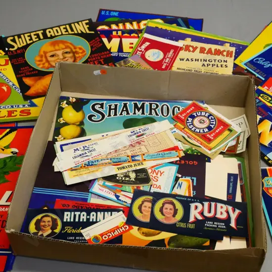box of vintage food labels