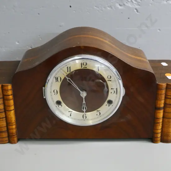 deco style German wood-cased chiming mantel clock with key H-230 W-420 D-140