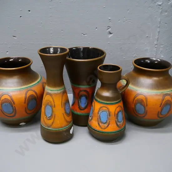 5 matching pattern German pottery vases including pair of round vases - tallest is H-200