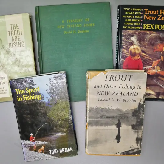 5 New Zealand fly fishing books - Graham, Ferris, Orman, Beamish, & Forrester - wear and staining to some