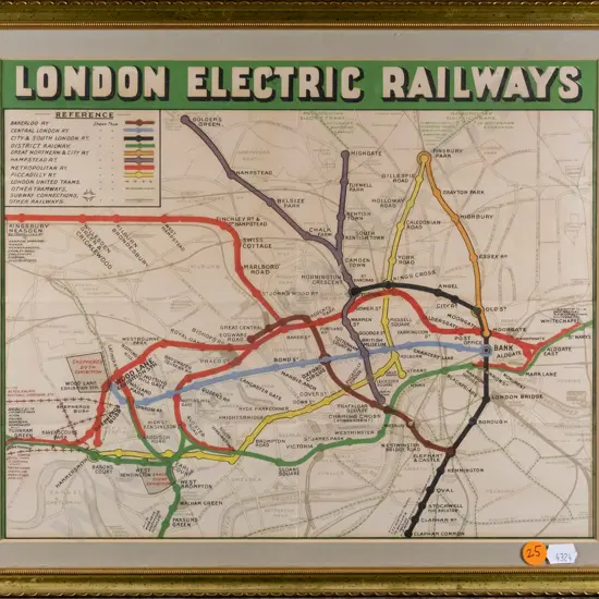 framed vintage London Electric Railways map H-270 W-340