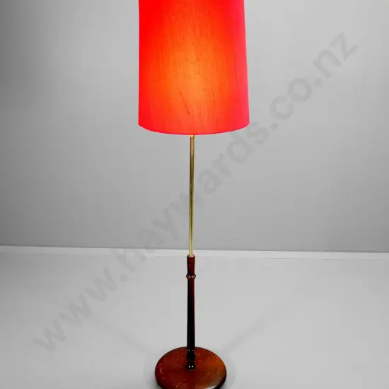 mid-century mahogany and brass standard lamp with red shade H-1600 Diameter of shade 410