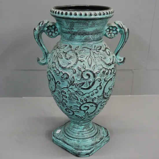 teal raised-pattern double handled urn vase, Number on base 1601-35. H-370