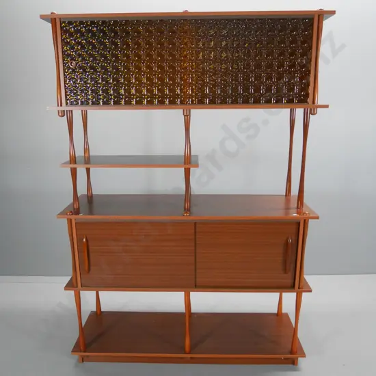 mid-century cabinet with sliding amber glass top doors & timber lower doors, turned supports H1700 W1200 D400