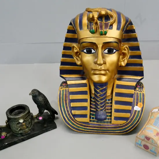Egyptian souvenir figurine, lidded trinket, and a candle holder with damage and paint loss - largest H-320