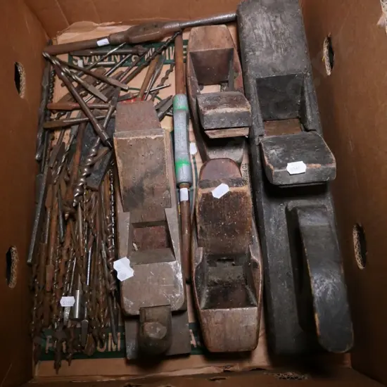 box of wooden planes, auger drill bits