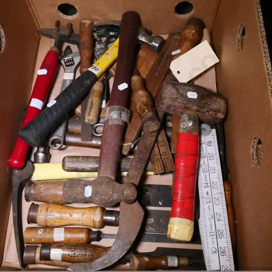 box of hammers, crescents, chisels, etc.