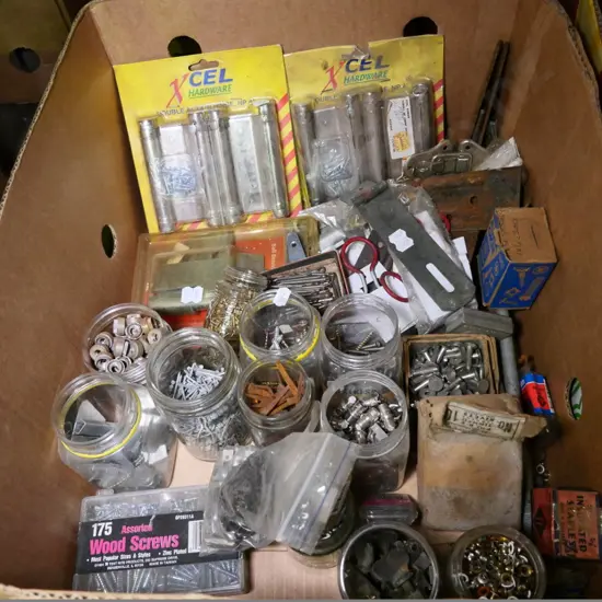 box of double door hinges, cotter pins, nails, etc.