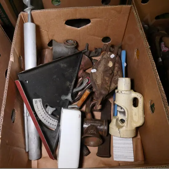 box of vintage pulleys, benchtop mincers, etc.