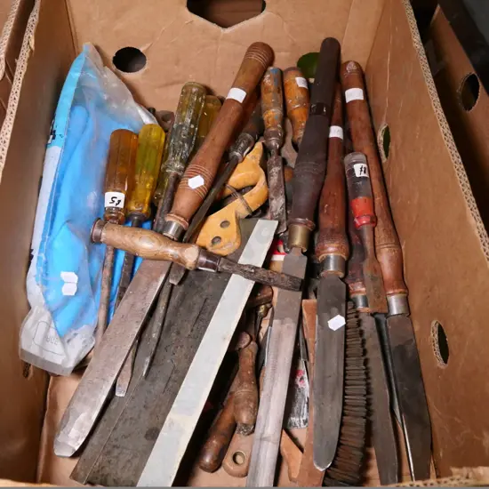box of files, screwdrivers, chisels, etc.