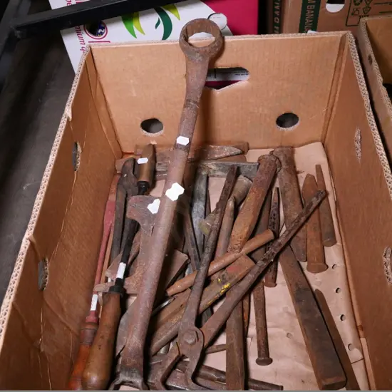 box of cold chisels, soldering irons, etc.