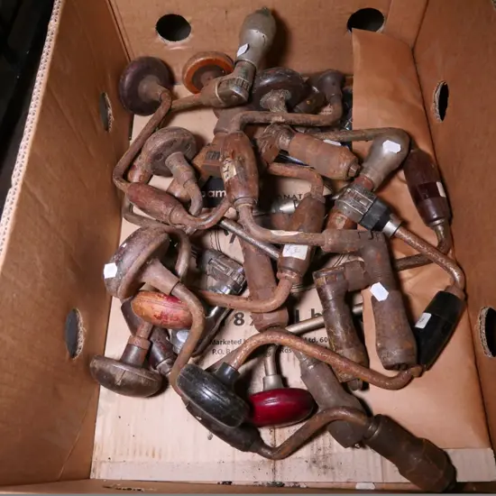 box of vintage carpenter's drill braces