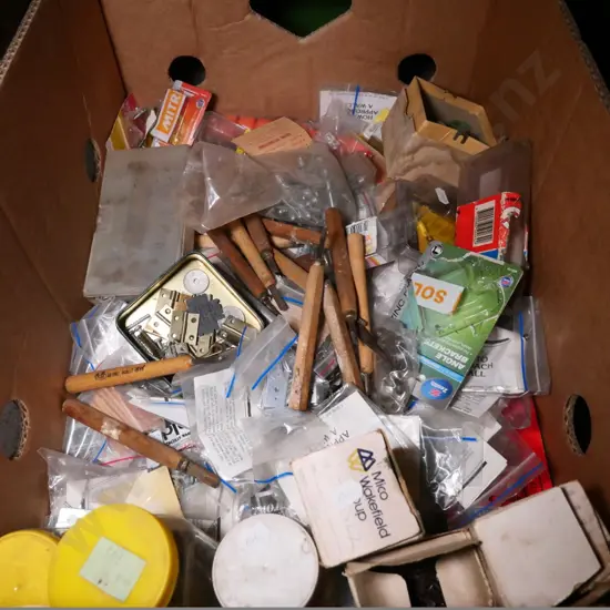 box of allsorts - hinges, rivets, small carving chisels, etc.