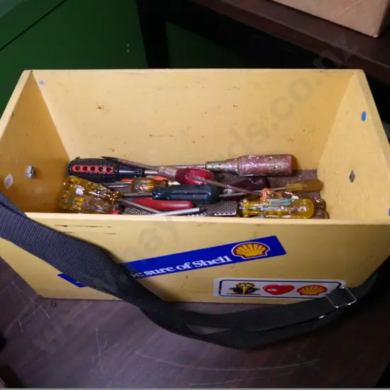 wooden box, screwdrivers, etc.