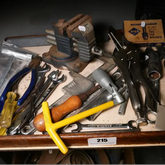 tray of allsorts - hobby vise, pliers, crescents, etc.