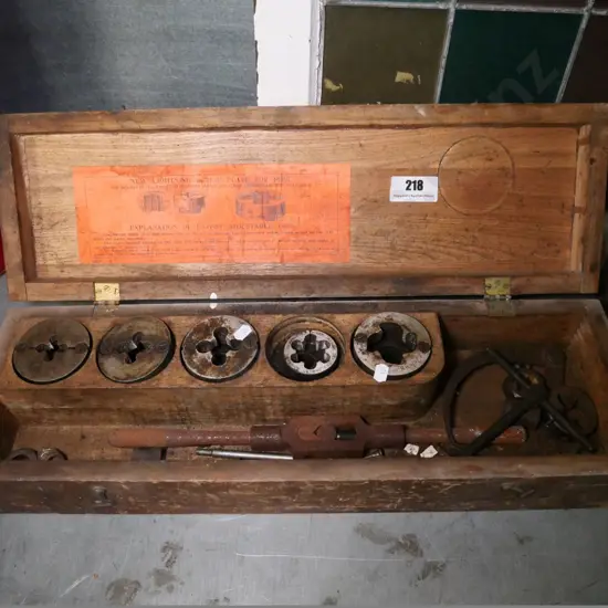vintage wood-cased tap and die set