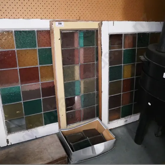 3 multi-coloured glass window panes and additional glass pieces. Each H-780 W-600