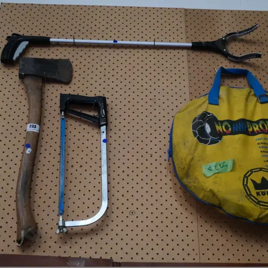 pick-up stick, small axe, and a hacksaw - blue dots