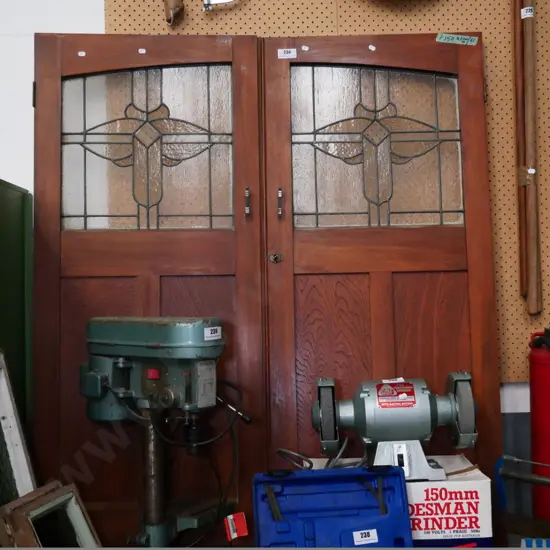 pair of wood and leadlight cupboard doors H-1300 W-1100 combined