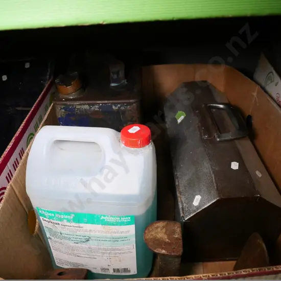 box of shoe lasts, de-greaser, toolbox, petrol tin