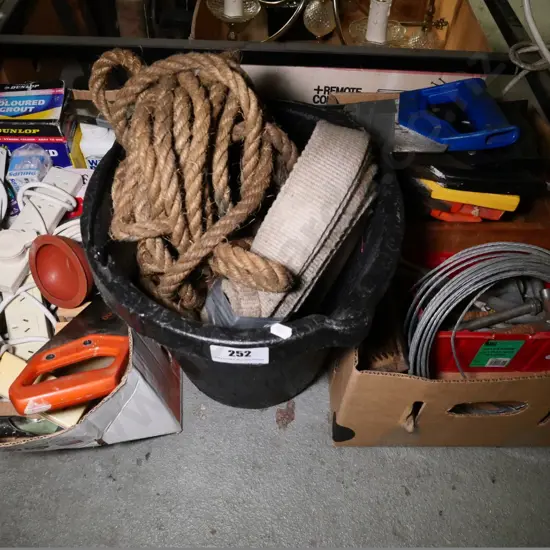 bay of allsorts: bucket, rope, hand-saws, multi-boards etc.