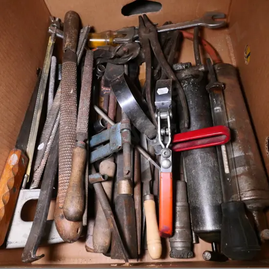 box of rasps, files, grease gun, etc