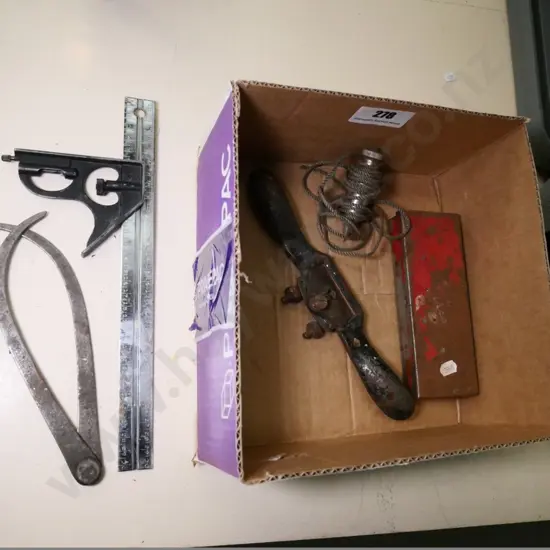 box of plumb line, spokeshave, builder's square, etc.