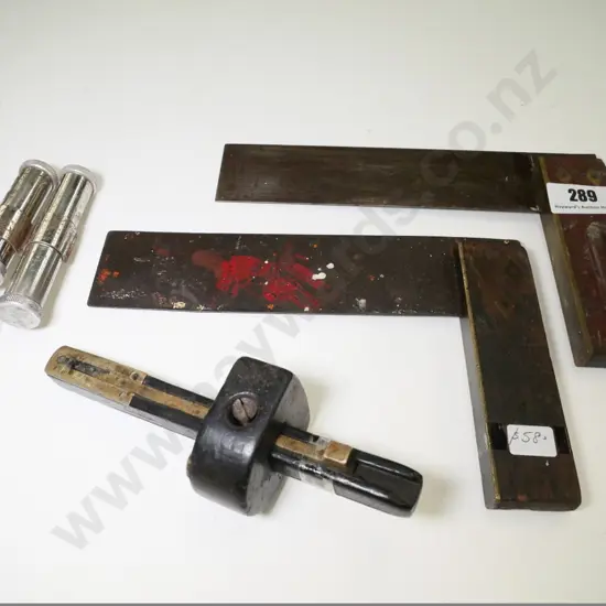 2 vintage builder's squares, marker gauge, and small blowtorches