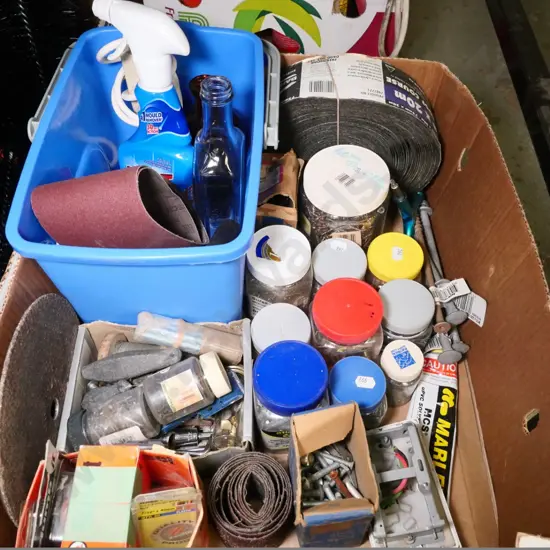 box of lead sinkers, fasteners, damp course, etc.