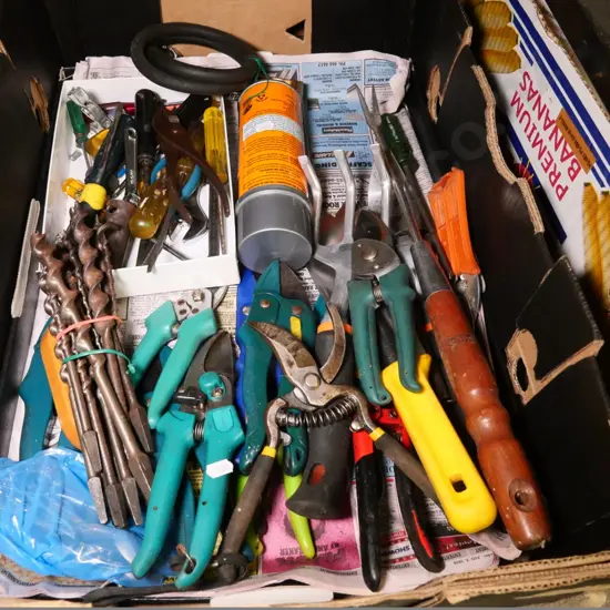 box of auger bits, secaturs, etc.